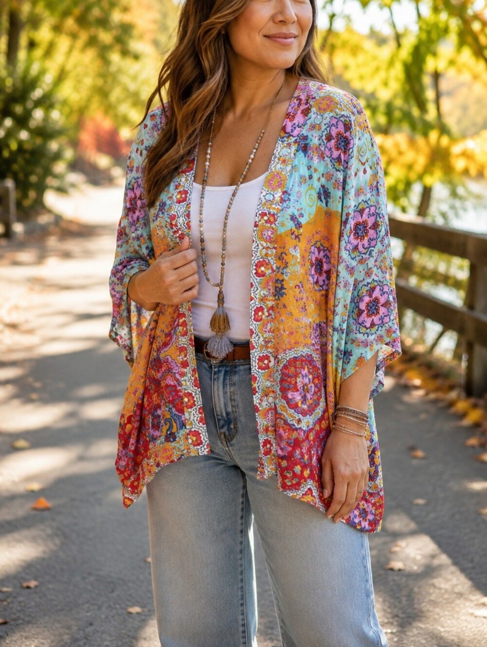 Grace & Lace Multicolor Floral Paisley Boho Kimono Cardigan Rayon
